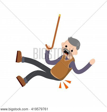 Old Man Falls To Ground. Sore Spot And Back Pain. Grandfather Failure And Injury. Cartoon Flat Illus