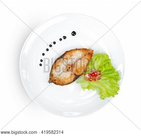 King Mackerel Or Spotted Mackerels Steak With Dish Isolated On White Background ,fried Scomberomorus