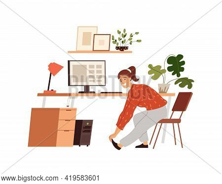 Woman Doing Warm-up At The Workplace, Vector Flat Illustration Isolated. Girl Practicing Workout In 