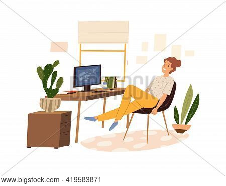 Woman Doing Warm-up At The Workplace, Vector Flat Illustration Isolated. Girl Practicing Workout In 