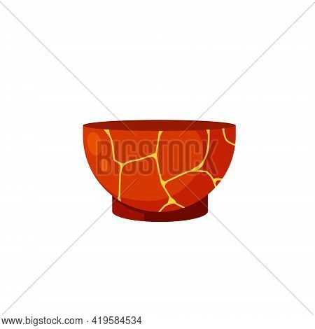 Kintsugi - Japanese Art. Glued Cup For Tea Ceremony. Restoration Of Broken Ceramic And Clay Dishes. 