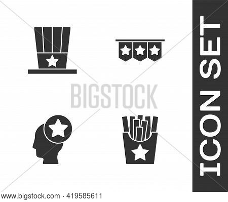 Set Potatoes French Fries In Box, Patriotic American Top Hat, Usa Head And Carnival Garland With Fla