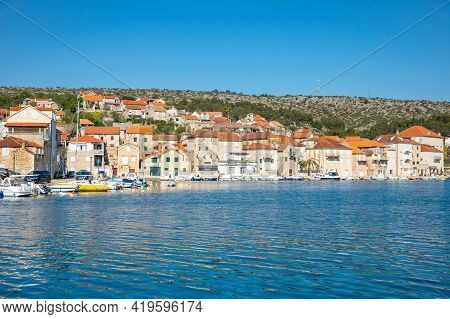 Milna, Croatia - 1.04.2021: Wiew From Water Of The City Of Milna, Croatia