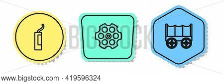 Set Line Dynamite Bomb, Revolver Cylinder And Wild West Covered Wagon. Colored Shapes. Vector