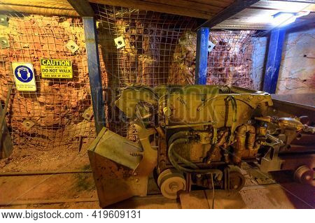 Tennant Creek, Australia - Aug 2019: Underground Rock Crusher Wagon On Rail In Battery Hill Mining C