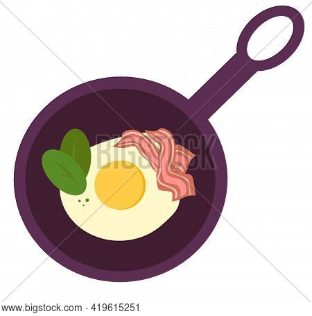 Fried Egg With Herbs And Bacon In A Skillet. Fried Eggs. Bacon. Spinach. Isolated