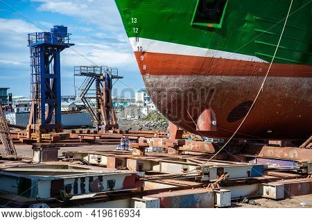 Reyklavik, Iceland - July 28, 2017: An Old Fishing Boat In A Dry Dock For Maintenance And Repair