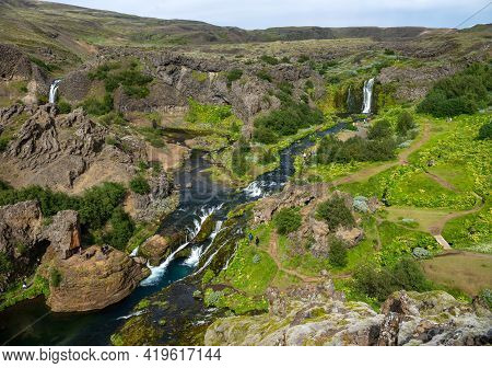 Hjalparfoss; Iceland - July 29, 2017: Scenic Landscape Of Hjalparfoss On The South Of Iceland