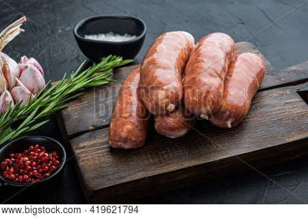 Traditional Mest Sausages, On Black Background. Top View.