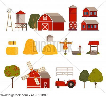 Rural Landscape Elements With Hay Stack, Red Barn And Windmill Vector Set