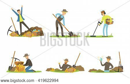 Man Treasure Hunter With Metal Detector And Shovel Digging Hole In Soil Extracting Gold And Gemstone