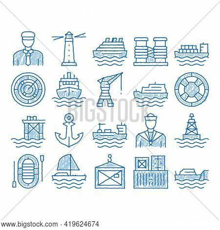 Marine Port Transport Sketch Icon Vector. Hand Drawn Blue Doodle Line Art Port Dock And Harbor, Ligh