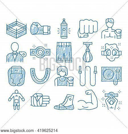 Boxing Sport Tool Sketch Icon Vector. Hand Drawn Blue Doodle Line Art Boxing Glove And Shirts, Prote