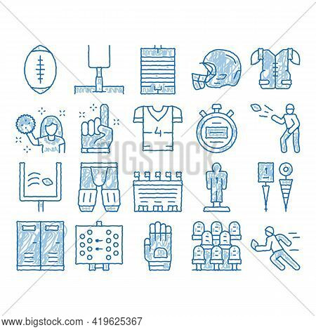 Rugby Sport Game Tool Sketch Icon Vector. Hand Drawn Blue Doodle Line Art Rugby Ball And Gates, Athl