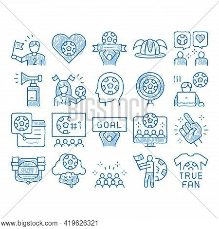 Soccer Fan Attributes Sketch Icon Vector. Hand Drawn Blue Doodle Line Art Soccer Fan Hat And Glove I