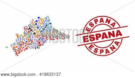 Malaga Province Map Collage And Textured Espana Red Round Badge. Espana Badge Uses Vector Lines And 
