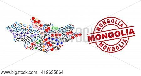 Mongolia Map Collage And Scratched Mongolia Red Circle Stamp. Mongolia Seal Uses Vector Lines And Ar