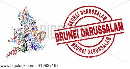 England Map Mosaic And Distress Brunei Darussalam Red Circle Stamp Imitation. Brunei Darussalam Stam