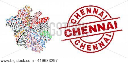 Chandigarh City Map Collage And Chennai Red Round Seal. Chennai Seal Uses Vector Lines And Arcs. Cha