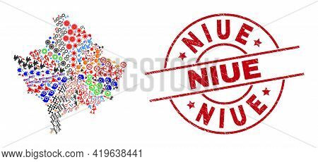 Kosovo Map Collage And Distress Niue Red Round Stamp Print. Niue Stamp Uses Vector Lines And Arcs. K