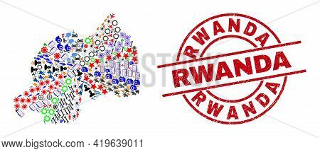 Rwanda Map Collage And Scratched Rwanda Red Round Stamp. Rwanda Stamp Uses Vector Lines And Arcs. Rw