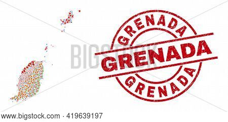 Grenada Map Collage And Scratched Grenada Red Round Badge. Grenada Seal Uses Vector Lines And Arcs. 