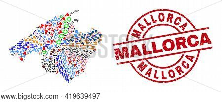Mallorca Map Mosaic And Unclean Mallorca Red Round Stamp Print. Mallorca Stamp Uses Vector Lines And