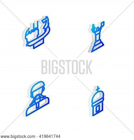 Set Isometric Line Mother Motherland Monument, Monument To Founders Of Kiev, Ukrainian Cossack And C