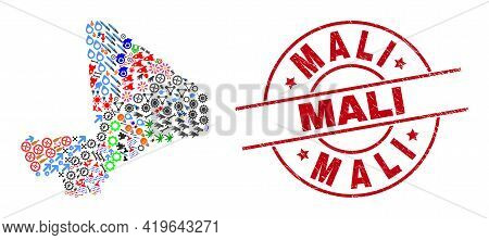 Mali Map Collage And Distress Mali Red Circle Badge. Mali Stamp Uses Vector Lines And Arcs. Mali Map