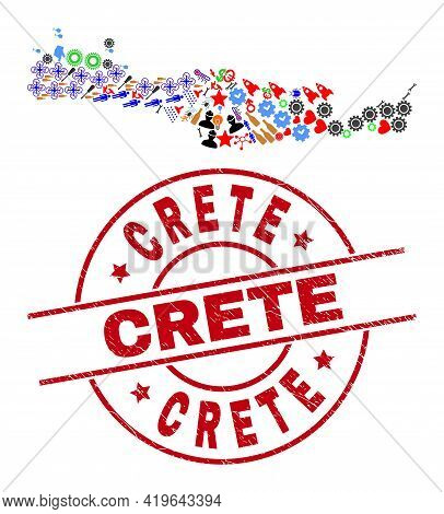 Crete Map Mosaic And Textured Crete Red Round Seal. Crete Seal Uses Vector Lines And Arcs. Crete Map