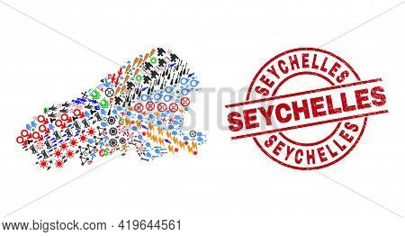 Kahoolawe Island Map Collage And Unclean Seychelles Red Round Stamp Seal. Seychelles Seal Uses Vecto