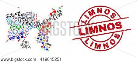 Limnos Island Map Mosaic And Scratched Limnos Red Circle Stamp Print. Limnos Seal Uses Vector Lines 
