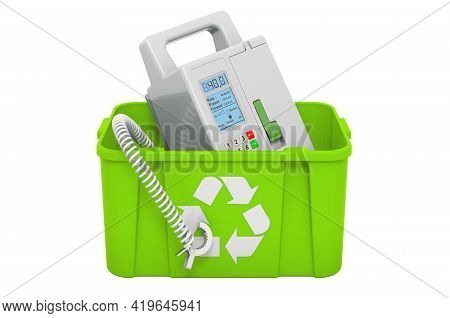 Recycling Trashcan With Infusion Pump. 3d Rendering Isolated On White Background