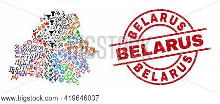 Belarus Map Collage And Textured Belarus Red Round Stamp Print. Belarus Seal Uses Vector Lines And A