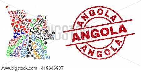 Angola Map Collage And Grunge Angola Red Round Stamp. Angola Badge Uses Vector Lines And Arcs. Angol