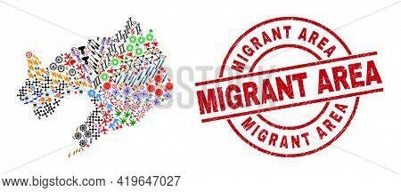 Liaoning Province Map Collage And Distress Migrant Area Red Round Stamp Imitation. Migrant Area Seal