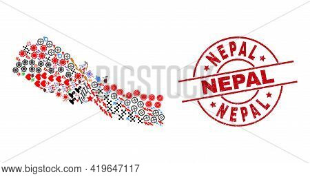 Nepal Map Mosaic And Dirty Nepal Red Circle Badge. Nepal Badge Uses Vector Lines And Arcs. Nepal Map