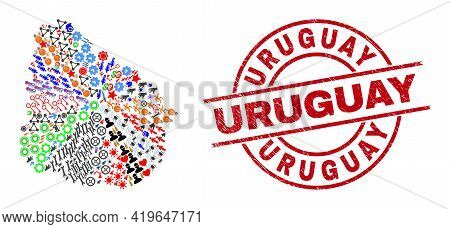 Uruguay Map Collage And Distress Uruguay Red Circle Stamp Imitation. Uruguay Badge Uses Vector Lines