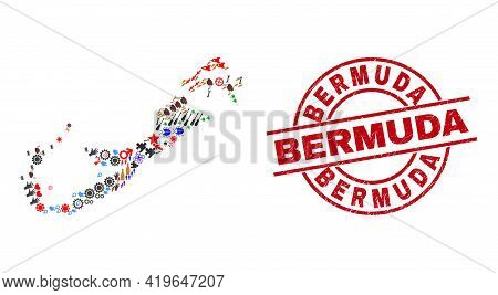 Bermuda Islands Map Mosaic And Grunge Bermuda Red Circle Badge. Bermuda Badge Uses Vector Lines And 