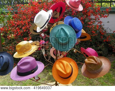 Handmade Panama Hats Or Paja Toquilla Hats Or Sombreros Of Different Style At The Traditional Outdoo