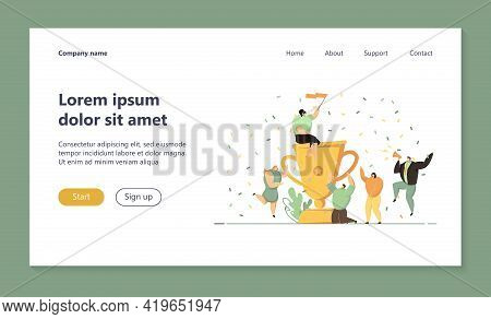 Business Team Giving Winning Party, Celebrating Success, Getting Reward, Dancing Around Huge Prize C