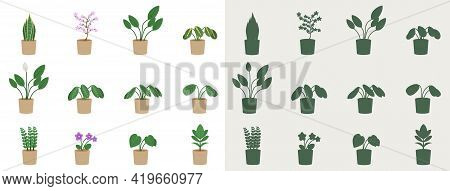Set Of Indoor Plants In A Flat Style And Silhouettes. Vector Illustration Of Flowers In Pots.