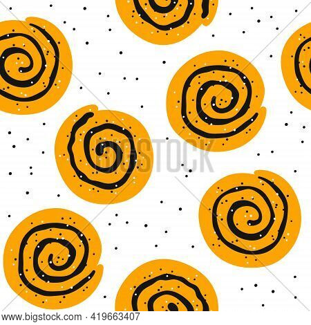 Cinnamon Rolls With Sugar. Seamless Pattern With Swirl Buns. Hand Drawn Isolated Vector Illustration
