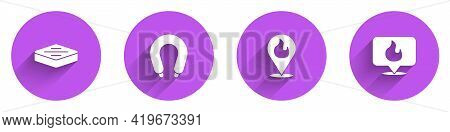 Set Steak Meat, Sausage, Location With Fire Flame And Icon With Long Shadow. Vector