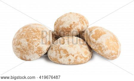 Tasty Homemade Gingerbread Cookies On White Background