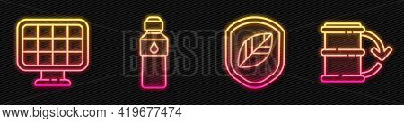 Set Line Shield With Leaf, Solar Energy Panel, Bottle Of Water And Eco Fuel Barrel. Glowing Neon Ico