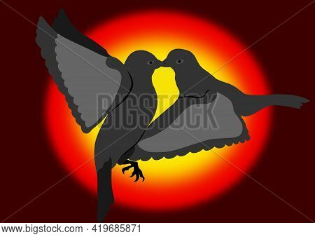 Two Birds In Flight, At Sunset Night Sky Vector Illustration
