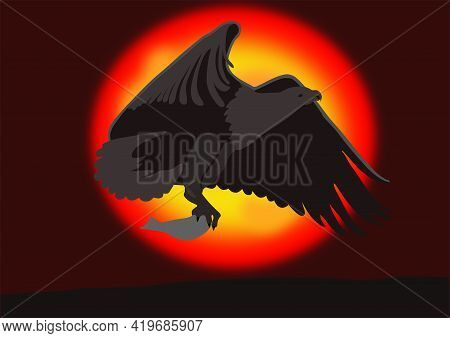 Flying White Eagle With Caught Fish, On The Background Of The Initial Sky. Vector Graphic