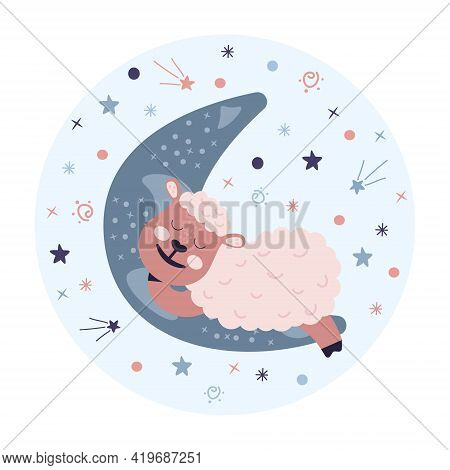 Cute Sheep Sleeping On The Moon. Vector Good Nignt And Sweet Dreams Concept, Isolated On A White Bac