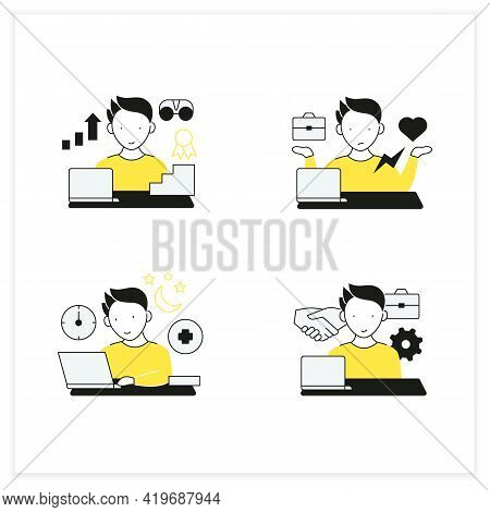 Workaholic Flat Icons Set. Workaholism Prevention And Consequences. Workaholism Treatment, Ethic And